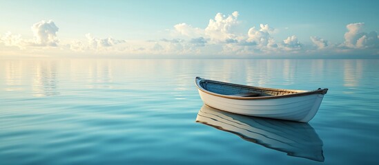 A lone boat floats gently on a calm body of water
