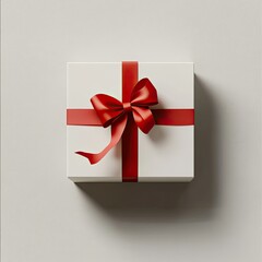 Blank white gift box with a red ribbon bow, minimal conceptual 3D rendering.