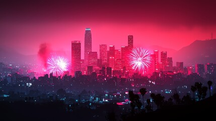 Obraz premium Vibrant city skyline and fireworks display.