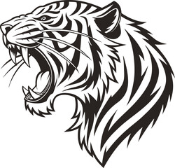 Roaring Tiger Head Tattoo-Inspired Line Art in Black and White

