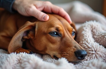 Man hand strokes old dachshund dog resting. Pet dog looks with sad eyes. Brown fur, adorable expression. Best friend enjoys love, care, cozy home. Comforting moment between man, dog.