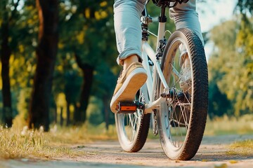 Naklejka premium A person rides a bicycle along a scenic path in a lush park, enjoying the warm sunlight filtering through the leaves of tall trees. The vibrant greenery enhances the outdoor experience
