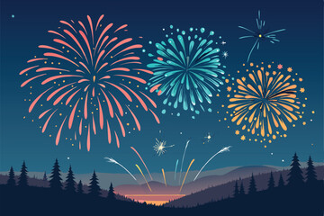Vivid, abstract summer fireworks burst; vibrant color explosion; dynamic, energetic, playful design.