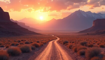 Naklejka premium Illustration showcases winding dirt road through vast desert landscape towards distant mountain range at sunset. Dramatic sky casting long shadows. Adventure, exploration, travel, nature.