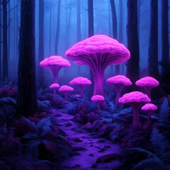 Fototapeta premium Vibrant pink mushrooms in an enchanting forest.