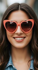 Obraz premium A woman smiling with heart shaped sunglasses and long brown hair in a close up portrait view