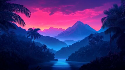 Vibrant sunset over lush mountainous scenery