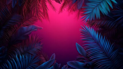 Vibrant tropical leaves in colorful background.