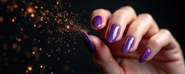 Hand bright manicure. Long violet extended nails with sparkles against black background. Nail design, beauty art. Fashionable, elegant style for parties, events. Festive, holiday celebration.