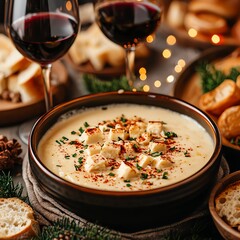 Warm cheese soup with herbs and red wine.