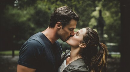 Naklejka premium A couple kissing in a park with trees and benches in the background on a cloudy day outside together