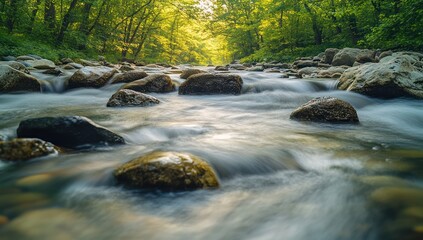 Fototapeta premium Serene River Flowing Through Lush Green Forest
