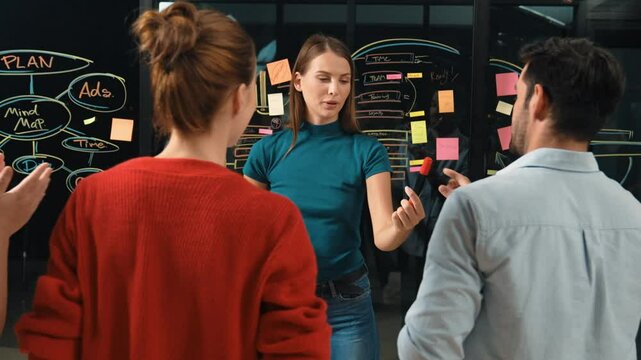 Manager finishes presentation and send marker back to businessman. Businessman receive marker back and start to share idea about start up project while business team clapping hands. Tracery