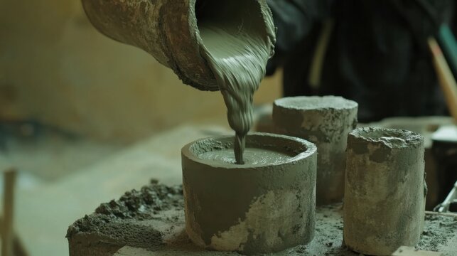 Builder pouring cement into molds at a construction site. Featuring teamwork and craftsmanship