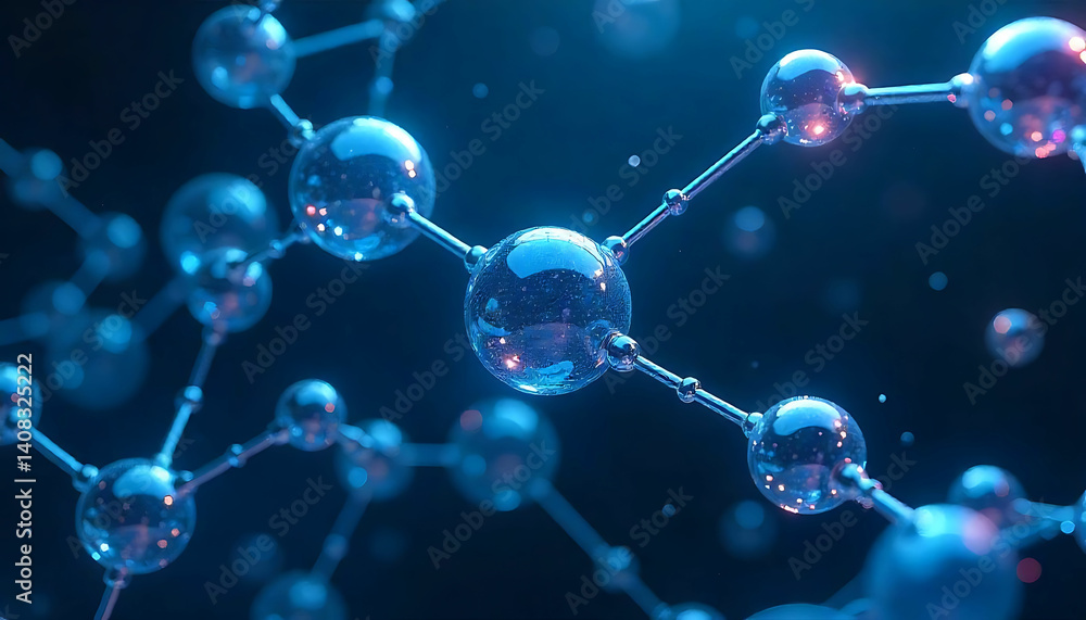 Poster a close up view of a molecular structure with blue spheres and connecting rods on dark background