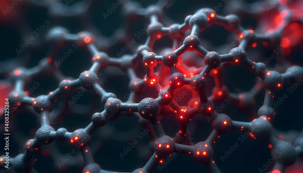 Poster close up view of a complex molecular structure with red glowing points and dark grey bonds