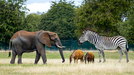 Fototapeta premium An Elephant Zebra And Two Antelope Grazing Together In A Field On A Cloudy Day