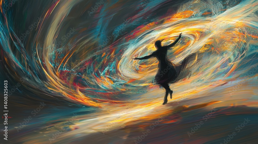 Poster expressive dancer twirls in vibrant swirl of color and light during an abstract performance in a dre