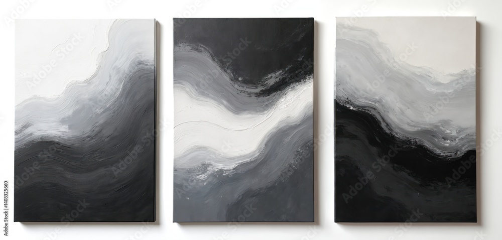 Poster set of three black, white abstract oil paintings on canvas. acrylic texture background with wave rou