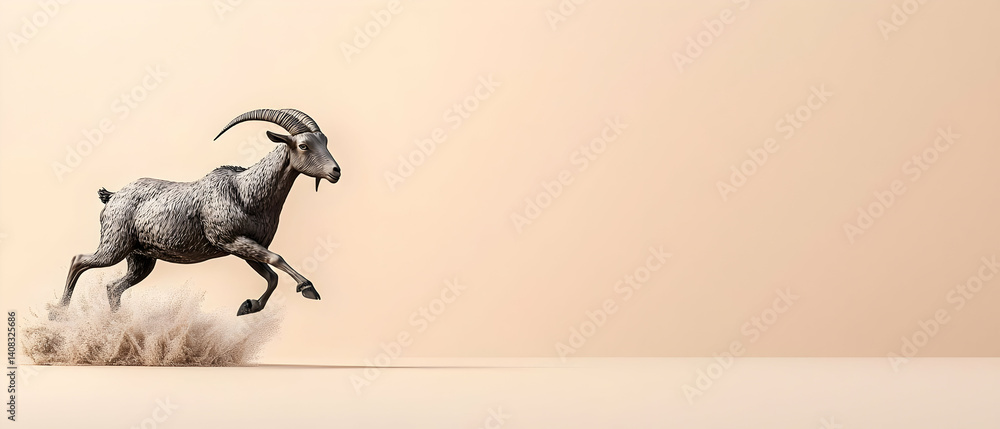Poster a pixelated goat leaping over dried grass against a soft beige backdrop in minimalist style with dyn