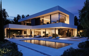 Fototapeta premium Modern Luxury Villa at Dusk: Architectural Marvel with Pool