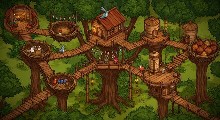 Fototapeta premium Birds Living in Elaborate Treehouse City in the Forest