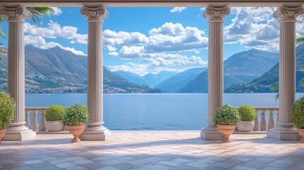 Serene Lakeside Villa: Breathtaking Mountain View from a Classic Colonnade