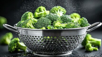  Broccoli in a metal colander filled with water on a dark background, droplets of water cascading from the top