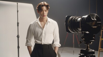 Male model poses confidently for a fashion shoot in a professional studio setting