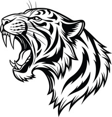 Roaring Tiger Head Tattoo-Inspired Line Art in Black and White

