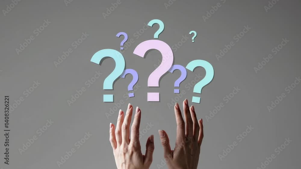 Poster woman raising hands towards several question marks of different sizes and colors, symbolizing questi