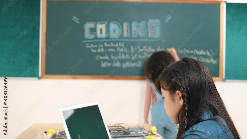 Poster girl writing engineering prompt by using ai software or programing system to generate ai on table wi
