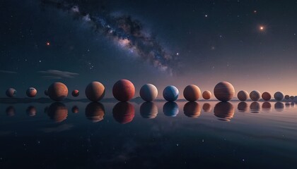 Fototapeta premium Cosmic alignment planets galaxy. Planets reflected in water. Visual sequence celestial bodies. Planets lineup against starry night sky. Abstract astronomy art for science projects, educational tech