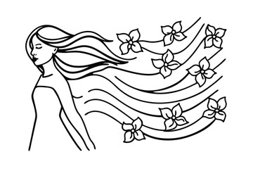 Elegant Woman With Flowing Hair And Flowers Black And White Line Art