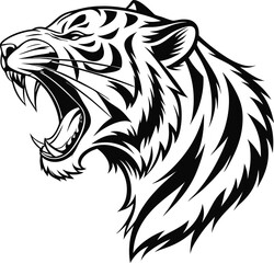 Roaring Tiger Head Tattoo-Inspired Line Art in Black and White

