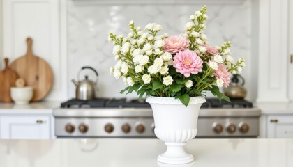 The kitchen counter is adorned with a white urn filled with pastel colored larkspur.