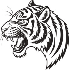 Roaring Tiger Head Tattoo-Inspired Line Art in Black and White

