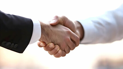 Two Businessmen in Formal Attire Completing Handshake Agreement in Bright Outdoor Setting With Blurry Background