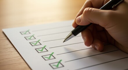 A hand holding a pen marking a checklist with green checkmarks on a white piece of paper on wood