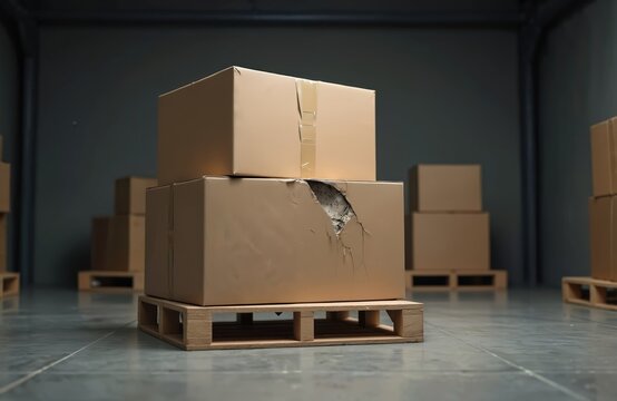 Damaged cardboard box on pallet warehouse. Torn box with a visible hole shows product damage, broken goods. Logistic, delivery issues, packaging failure, insurance claim concept.