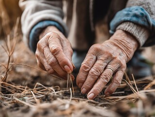 An elderly woman's hands planting of the ground in a field