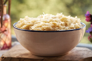 A bowl of sauerkraut or fermented cabbage