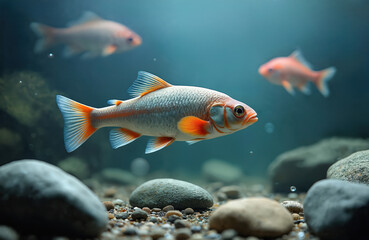 Fototapeta premium Underwater shot of rudd fish Scardinius erythrophthalmus in clear water. See-through view of freshwater fish swimming among stones, aquatic plants. Aquatic life, underwater, fauna, aquatic ecosystem.