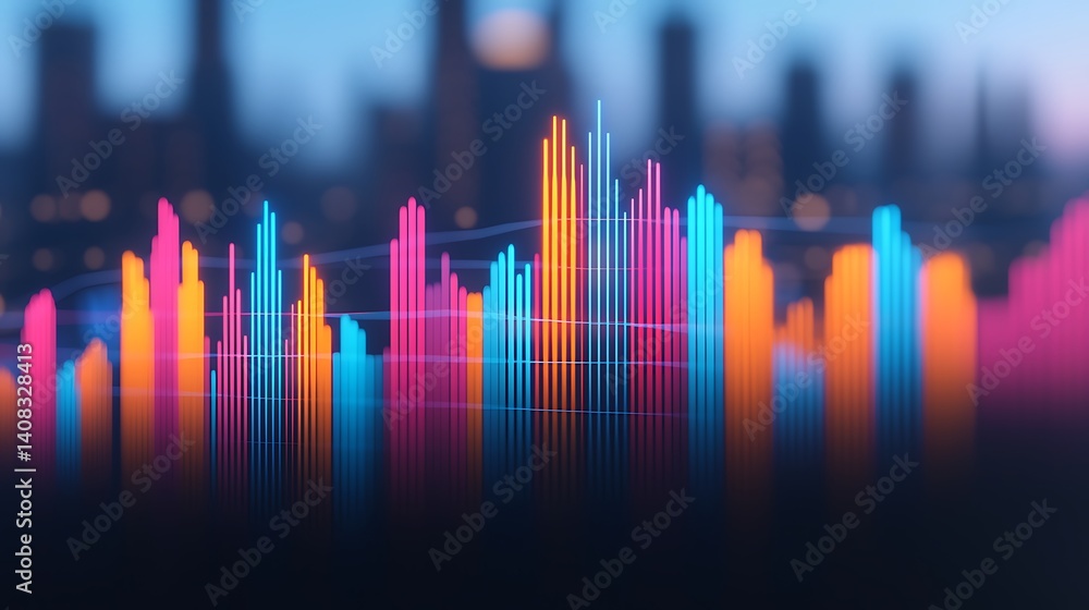 Poster abstract financial graph with bright colored columns overlaying urban landscape, visual data represe