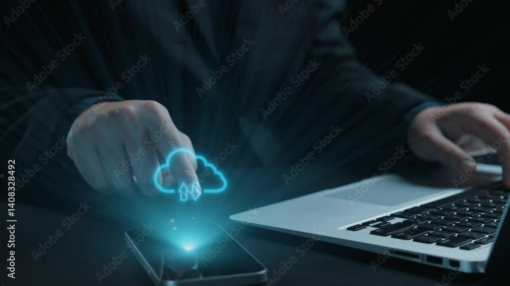 Poster a futuristic depiction of cloud computing, showcasing data upload and digital security through a mob
