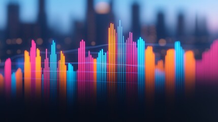Abstract Financial Graph with Bright Colored Columns Overlaying Urban Landscape, Visual Data Representation.