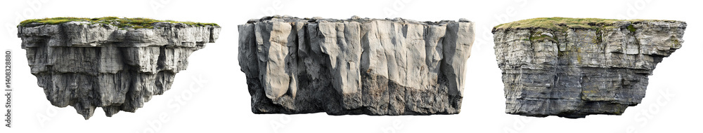 Poster set of floating rocky cliffs with grass and rough texture, isolated on transparent cutout background