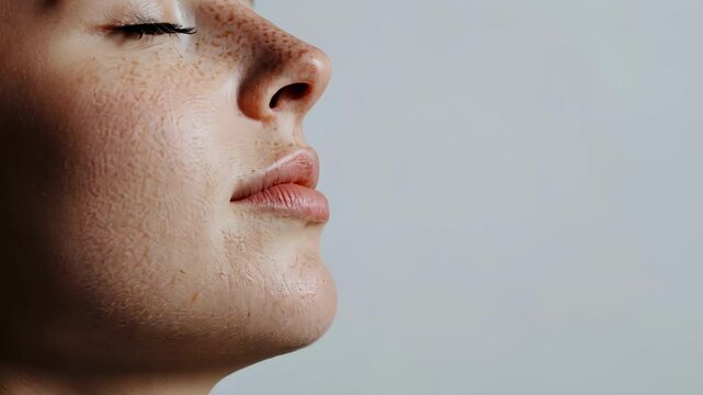 Caucasian woman breathing deeply with closed eyes, revealing her nose, lips, and freckles on smooth skin, embodying the essence of rhinoplasty and advanced cosmetology