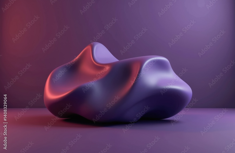 Poster Abstract 3D illustration of a smooth shape against purple background. Rendered object has reflective surface. Modern design for product presentation. 3D rendering for cosmetics, beauty product ad.
