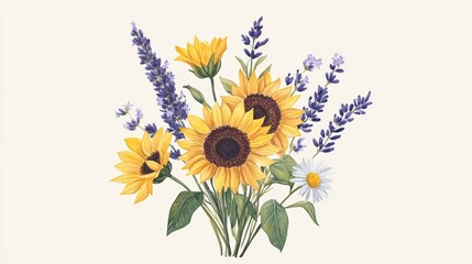 Naklejka premium Watercolor bouquet of vibrant sunflowers and lavender blossoms illustrated